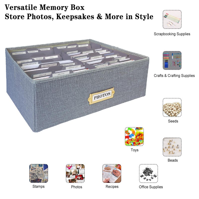 Sprsthai Linen Photo Storage Box â€“ Holds 1700 Photos, 24 Adjustable Dividers & 72 Labels Multi-Use Organizer for Photos, Envelopes, Recipes Beige - Image 3