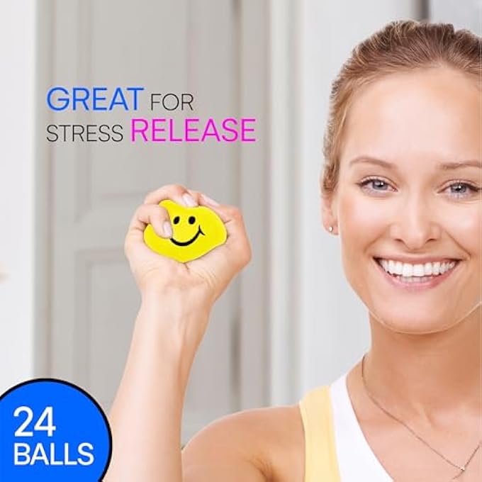 Neliblu 24 Pack Smile Stress Balls for Kids and Adults - 2" Stress Balls in Bulk - Neon Yellow Funny Face Squishy Balls to Support Anxiety - Fidget Toys, Party Favors, Goodie Bag Stuffers for Kids - Image 2