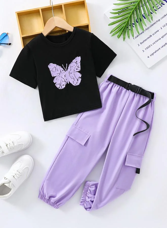تايك تو Take Two Butterfly Print T-Shirt and Pocket Detail Belted Joggers Set