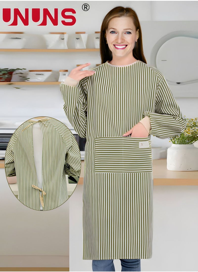 UNUNS - Kitchen Apron With Pockets,Long Sleeves Stripped Apron Apron For Cooking Baking Cleaning Work - Image 1