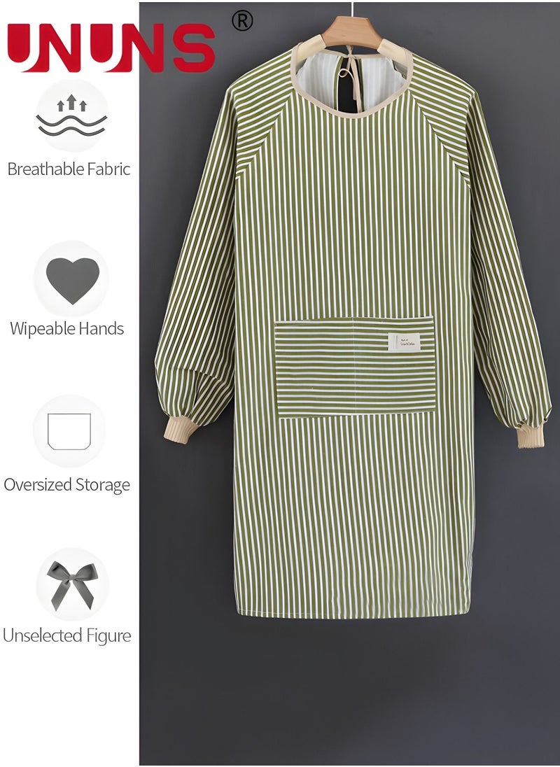 UNUNS - Kitchen Apron With Pockets,Long Sleeves Stripped Apron Apron For Cooking Baking Cleaning Work - Image 1
