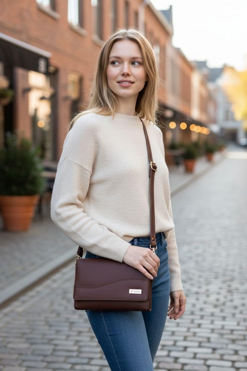 ALSU Women’s Vegan Leather Sling Bag| Stylish Crossbody Purse with Zipper Pocket & Card Slots | Magnetic Closure, Adjustable Strap| Premium Everyday Shoulder Bag for Women & Girls (Brown) - Image 3