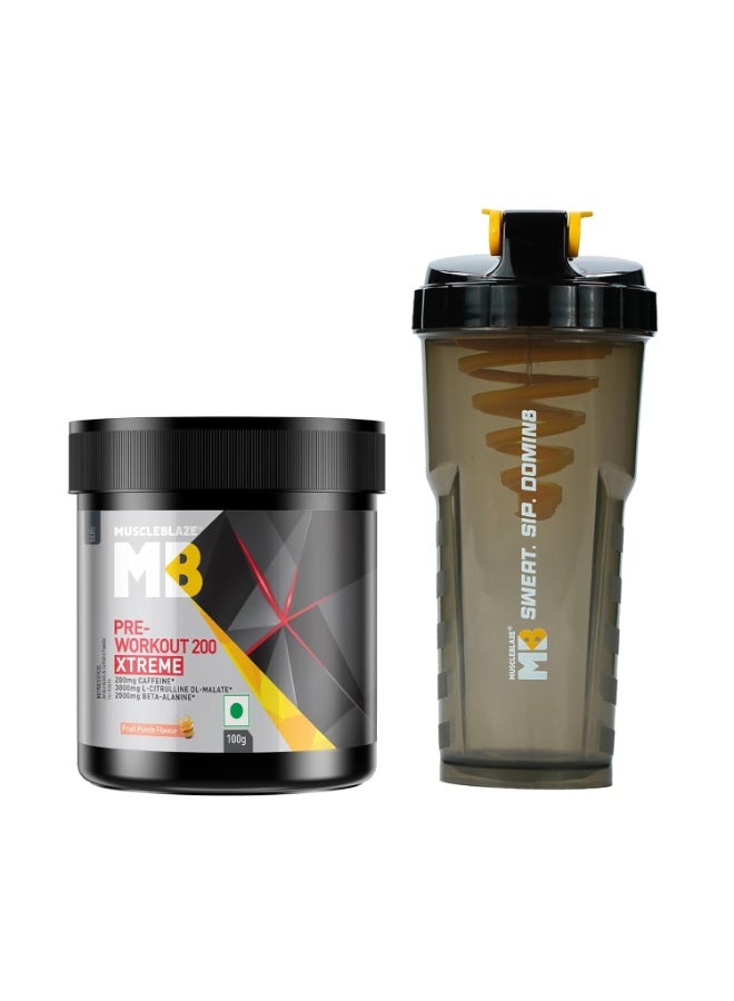مسل بلايز مسحوق MuscleBlaze Pre Workout 200 Xtreme بنكهة الفاكهة المشكلة (100 جم) + عبوة خلط (شيكر) Cyclone Blender (700 مل) - Image 1
