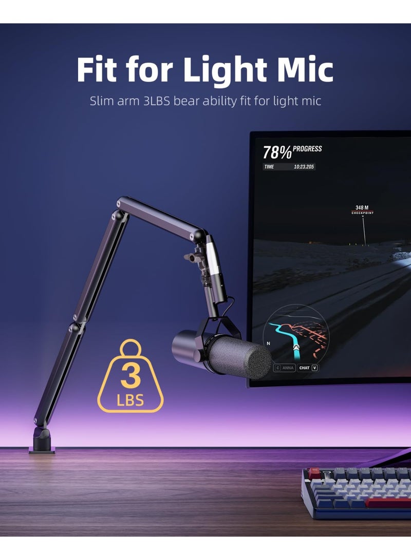 WALALLA Mic Arm for Lightweight Mics, Microphone Arm Rotatable, Storable Desk Mic Stand for Capacity 3LB with Mount Clamp, Mic Stand Boom Arm with Cable Channel with 3/8 inch 5/8 inch Thread for Podcast, Gaming - Image 2