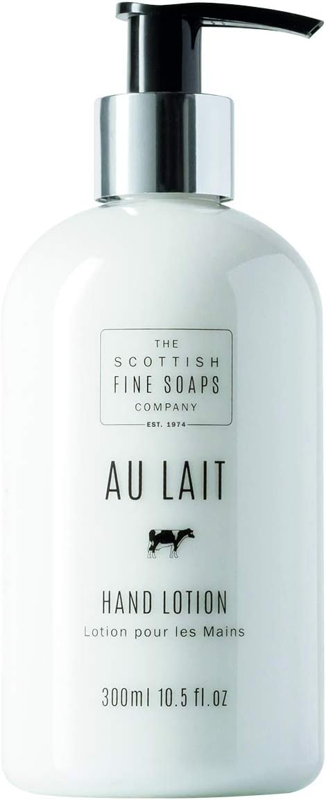 Scottish Fine Soaps Au Lait Hand Lotion Enriched With Shea Butter Sweet Almond Oil and Aloe Vera Rich Creamy Texture Delicate Scent Sensitive Formula 300ml