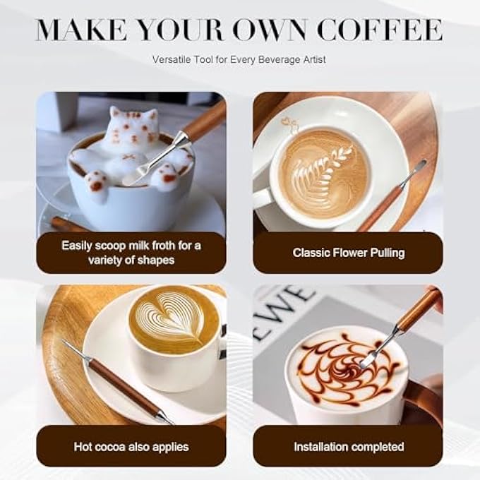 ريحني مجموعة أقلام لاتيه آرت ذات 2Pack أدوات رسم قهوة مزدوجة النهايات من الفولاذ المقاوم للصدأ مع مقابض خشبية للباريستا المحترفين للمبتدئين في السفر المنزلي - Image 4