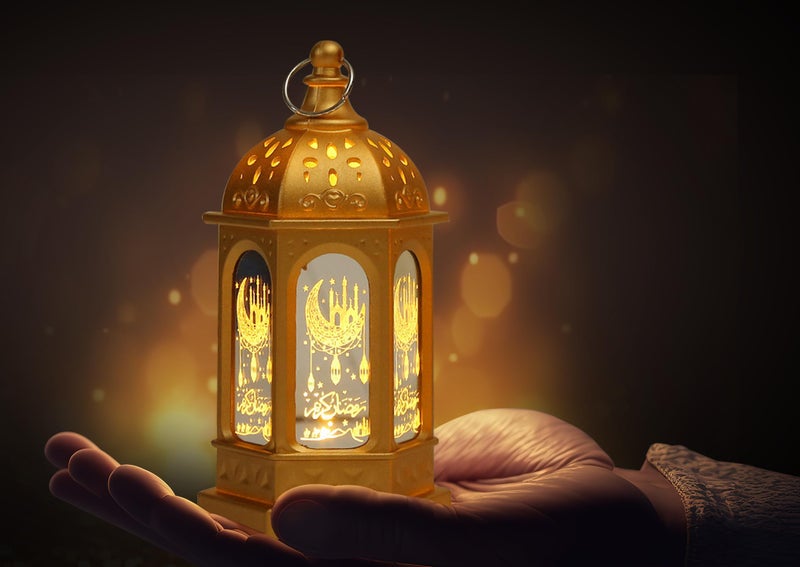 Hying 2 Pieces Eid Mubarak Lanterns Decoration 5.2" Height Hanging Lamp Ramadan Flameless Candle Holder with Transparent Glass Eid Mubarak Gifts Lantern for Home Tabletop Decor - Image 5