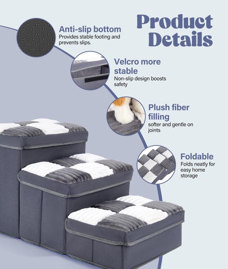 PAHTTO 15.4''Dog Stair with Storage, Foldable Dog Steps for Bed with Soft Cover, Lightweight,3-Step Pet Stairs up to 200LBS, Non-Slip Puppy Stairs for Small Medium Dogs Puppy, Cats(Grey) - Image 3