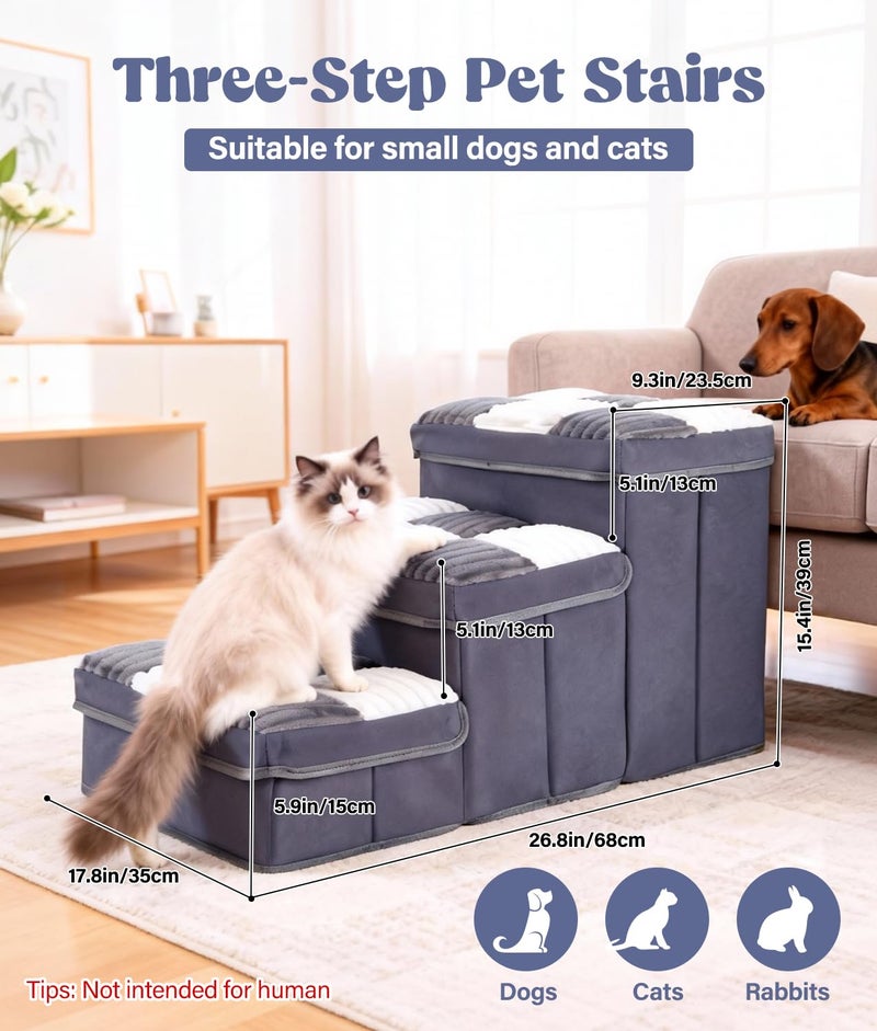 PAHTTO 15.4''Dog Stair with Storage, Foldable Dog Steps for Bed with Soft Cover, Lightweight,3-Step Pet Stairs up to 200LBS, Non-Slip Puppy Stairs for Small Medium Dogs Puppy, Cats(Grey) - Image 2