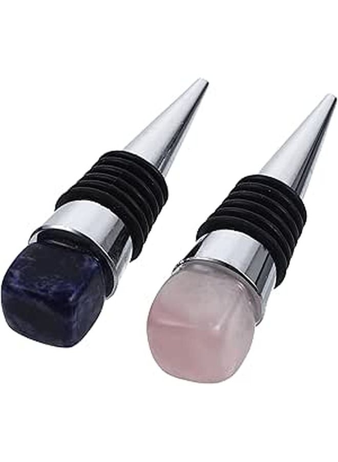 Reusable Crystal Wine Bottle Stopper Set With Blue Vein Pink Gemstone Sealing Saver 2pcs - Image 1