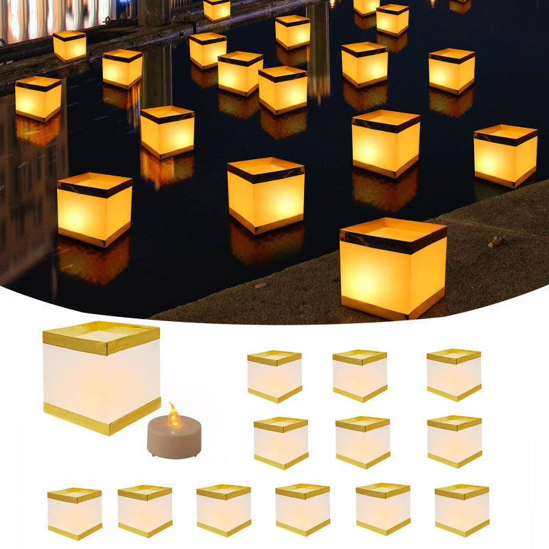 FuHigh 12Pack Reusable Floating Square Lanterns with LED Flameless Candles, Decorative Outdoor Table Lanterns for Weeding, Lawn, Pool, Wishing - Image 1
