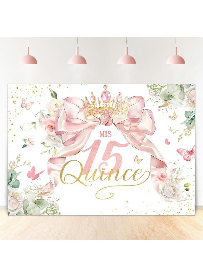 Ufeela Quinceanera Birthday Backdrop 7Wx5H Feet Fabric Polyester Girls Mis Quince 15th Birthday Backdrop Pink Bow Coquette Floral Spring Princess Photography Background Banner Photo Shoot Decor Prop - Image 1