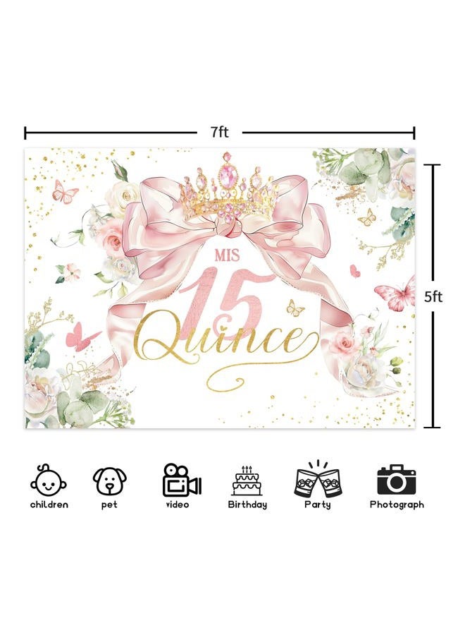 Ufeela Quinceanera Birthday Backdrop 7Wx5H Feet Fabric Polyester Girls Mis Quince 15th Birthday Backdrop Pink Bow Coquette Floral Spring Princess Photography Background Banner Photo Shoot Decor Prop - Image 3