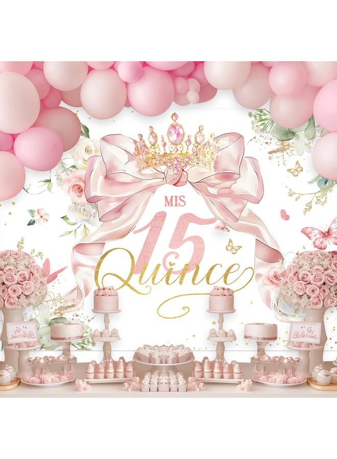 Ufeela Quinceanera Birthday Backdrop 7Wx5H Feet Fabric Polyester Girls Mis Quince 15th Birthday Backdrop Pink Bow Coquette Floral Spring Princess Photography Background Banner Photo Shoot Decor Prop - Image 2