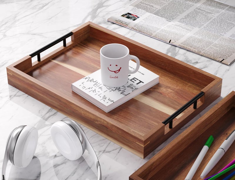 Fibogollo Acacia Wood Set of 2 Serving Tray with Metal Handles,Ottoman Decorative Trays Platter for Coffee Table,Living Room,Bar,Party - Image 4