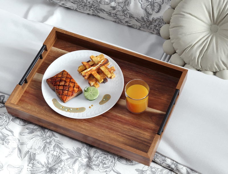 Fibogollo Acacia Wood Set of 2 Serving Tray with Metal Handles,Ottoman Decorative Trays Platter for Coffee Table,Living Room,Bar,Party - Image 2