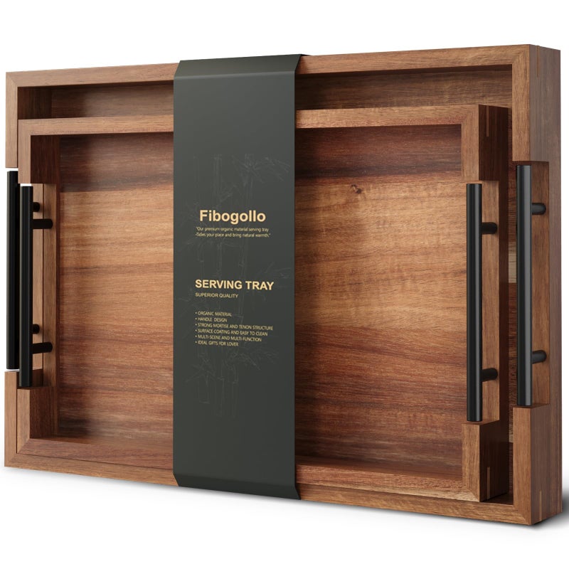 Fibogollo Acacia Wood Set of 2 Serving Tray with Metal Handles,Ottoman Decorative Trays Platter for Coffee Table,Living Room,Bar,Party - Image 1