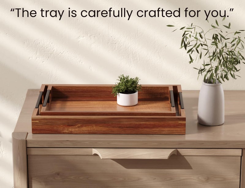 Fibogollo Acacia Wood Set of 2 Serving Tray with Metal Handles,Ottoman Decorative Trays Platter for Coffee Table,Living Room,Bar,Party - Image 5