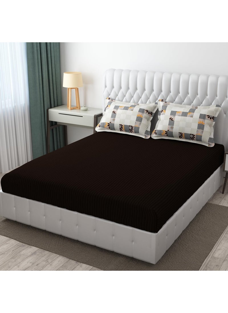 IVAZA IVAZA 220 TC 100 Cambric Cotton Satin Striped Mix N Match Bedsheet Set for Double Size Bed DurableDouble Bedsheet with 2 Pillow Covers Coffee  - Image 1