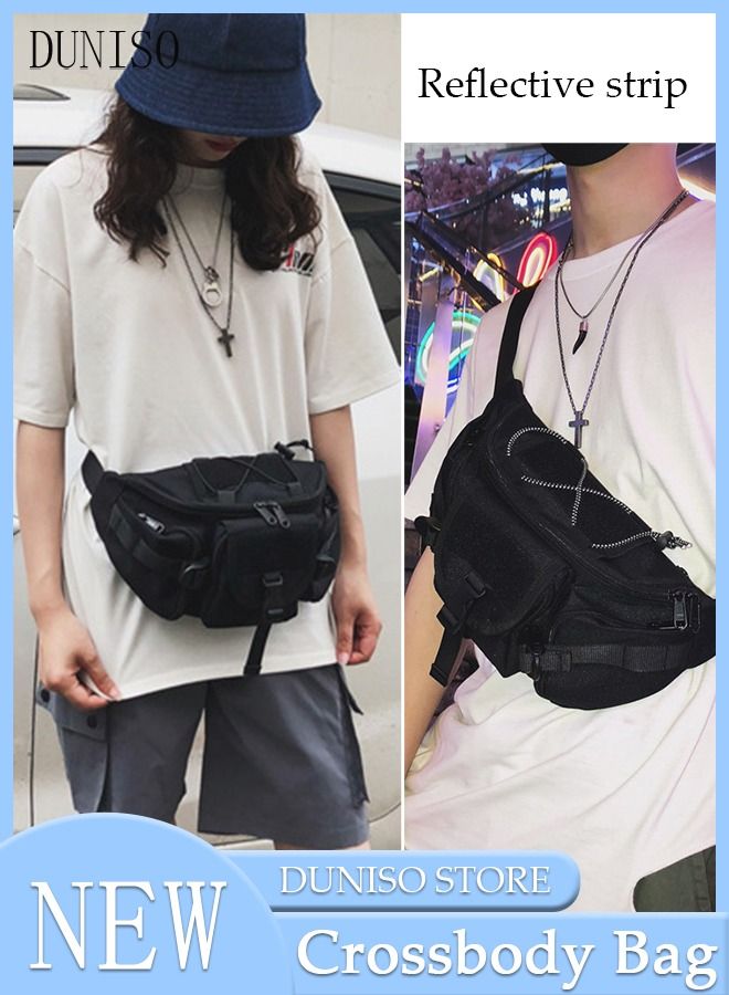 DUNISO Compact Waist Bag with Reflective Strip for Men and Women Waterproof Crossbody Bag Multipurpose Chest Shoulder Bag with Buckle Everyday Carry Bag Sling Bag for Travel Work Sports - Image 1