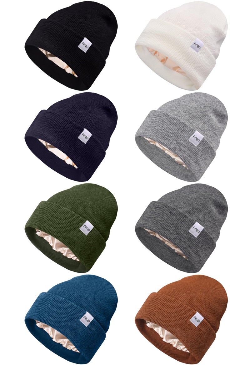 FEQO 8 Pack Satin Lined Winter Beanie Soft Silk Lined Beanies Knit Winter Warm Cuffed Hats for Women Men (Classic Colors) - Image 1