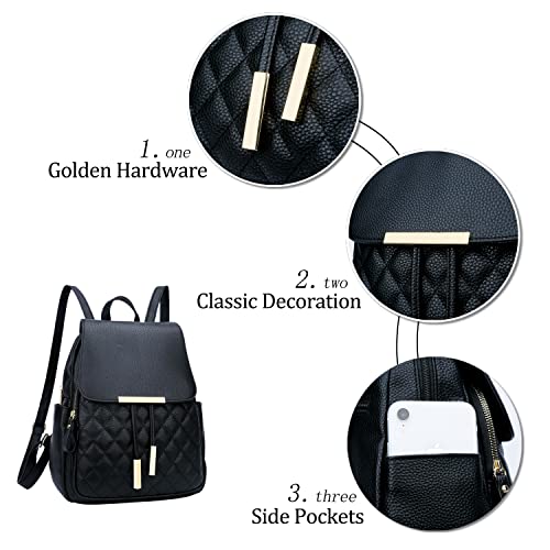 KKXIU Quilted Trendy Leather Backpack Purse for Women and Ladies Shoulder Travel Daypacks Bags (Black) - Image 4