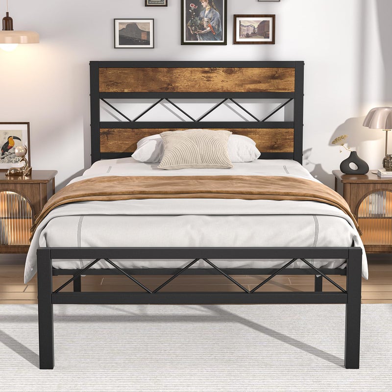 VECELO Twin Metal Platform Bed Frame with Rustic Vintage Wooden Headboard Heavy Duty Metal Slats Support Platform Mattress Base No Box Spring Needed No Noise Easy AssemblyRustic Brown