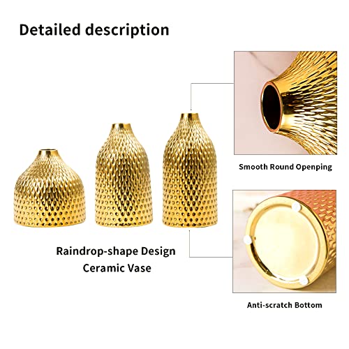 BASDHE Ceramic Vase Set - 3 Small Vases, Luxurious Home Decor, Great for Centerpieces; Ideal Shelf Décor, Table Décor, Bookshelf, Mantle, Entryway- Gold - Image 4