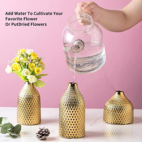BASDHE Ceramic Vase Set - 3 Small Vases, Luxurious Home Decor, Great for Centerpieces; Ideal Shelf Décor, Table Décor, Bookshelf, Mantle, Entryway- Gold - Image 3