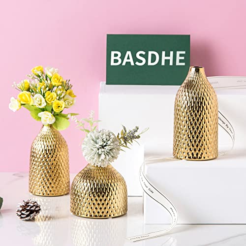 BASDHE Ceramic Vase Set - 3 Small Vases, Luxurious Home Decor, Great for Centerpieces; Ideal Shelf Décor, Table Décor, Bookshelf, Mantle, Entryway- Gold - Image 5