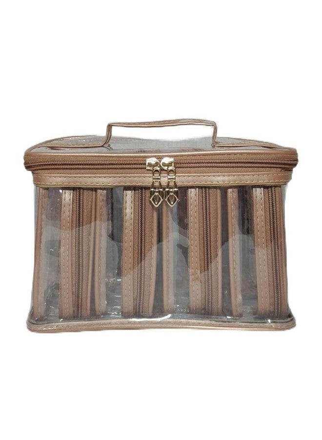 SELOME Transparent Cosmetic & Jewellery Organizer Travel Makeup Bag with Multiple Zipper Pouches | Portable Vanity Storage Case with Handle | Waterproof Clear Beauty Organizer for Women & Girls (Brown) - Image 1