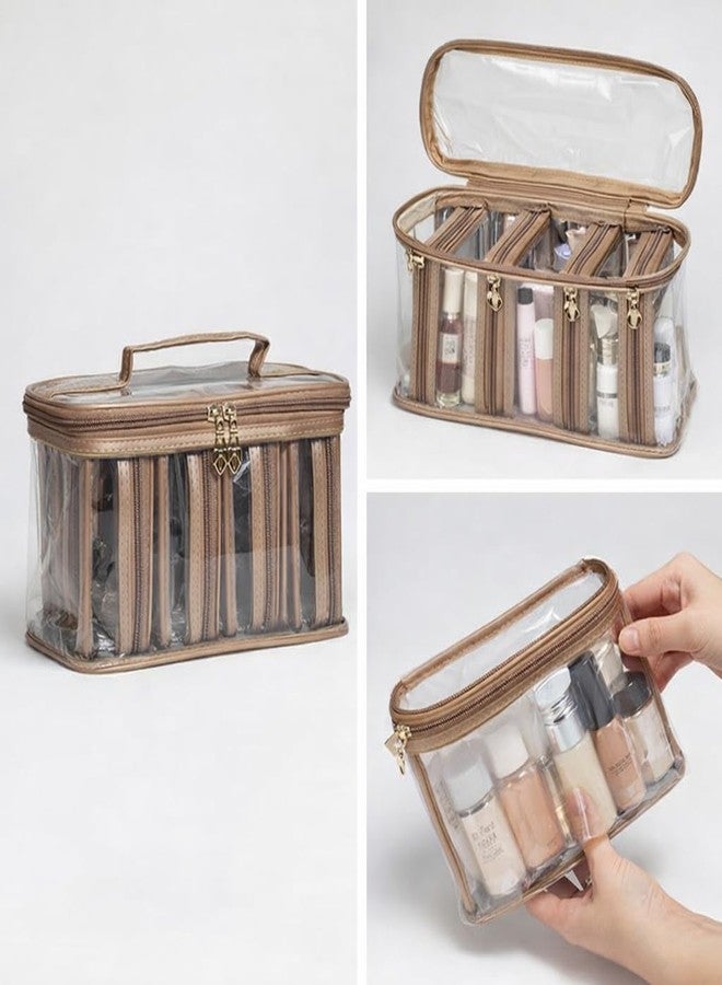SELOME Transparent Cosmetic & Jewellery Organizer Travel Makeup Bag with Multiple Zipper Pouches | Portable Vanity Storage Case with Handle | Waterproof Clear Beauty Organizer for Women & Girls (Brown) - Image 5