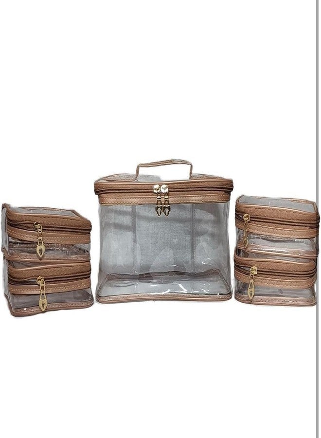 SELOME Transparent Cosmetic & Jewellery Organizer Travel Makeup Bag with Multiple Zipper Pouches | Portable Vanity Storage Case with Handle | Waterproof Clear Beauty Organizer for Women & Girls (Brown) - Image 3