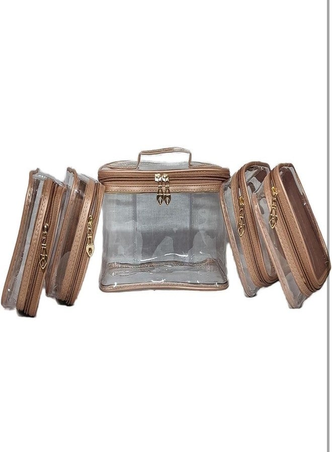 SELOME Transparent Cosmetic & Jewellery Organizer Travel Makeup Bag with Multiple Zipper Pouches | Portable Vanity Storage Case with Handle | Waterproof Clear Beauty Organizer for Women & Girls (Brown) - Image 2