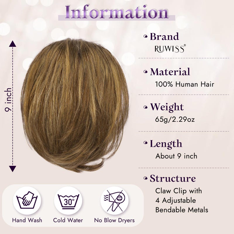 RUWISS Claw Clip Short Human Hair Ponytail Extension with Bendable Metals for DIY Styles, Straight Messy Bun Hair Piece for Women Thick Hairpieces for Daily Wear, 9 Inch Brown with Blonde Highlight - Image 2