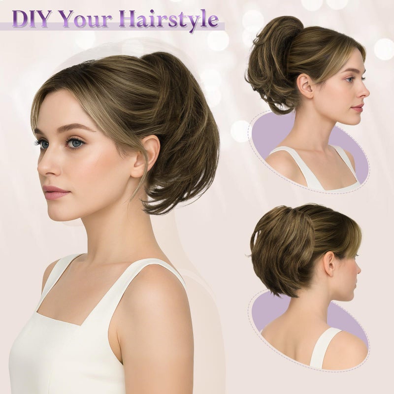RUWISS Claw Clip Short Human Hair Ponytail Extension with Bendable Metals for DIY Styles, Straight Messy Bun Hair Piece for Women Thick Hairpieces for Daily Wear, 9 Inch Brown with Blonde Highlight - Image 4