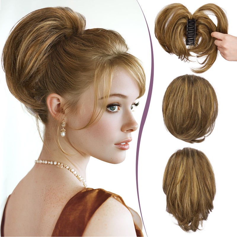 RUWISS Claw Clip Short Human Hair Ponytail Extension with Bendable Metals for DIY Styles, Straight Messy Bun Hair Piece for Women Thick Hairpieces for Daily Wear, 9 Inch Brown with Blonde Highlight - Image 1