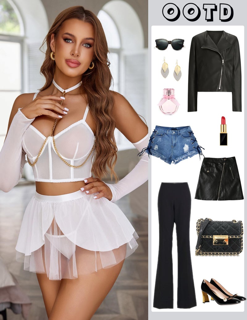 GirlFriend Lingerie Sets Removeable Chain Linked Halter Bustier Wirefree Lingerie Set with Skirt & Arm Sleeves & Thong Nightgown Babydoll Lingerie Female Wedding Honeymoon and Anniversary White - Image 3