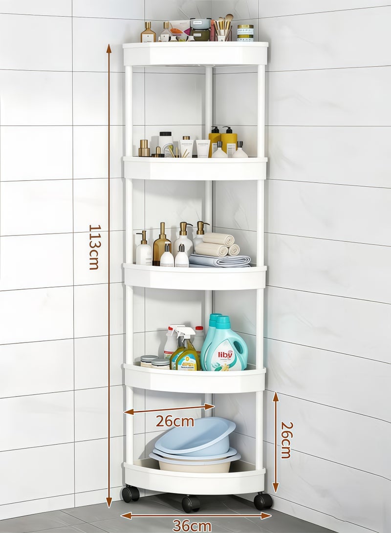 5-Tier Corner Shelf,Corner Shower Caddy Standing with 4 Wheel,5-Tier Storage Cart,Tier Rust Proof Floor Standing Shower Organizer,Triangle Corner Shelf Rack Rolling Trolley,Waterproof Corner Stand Shower Shelf Storage Rack Ideal Multifunctional Storage And Organization Cart,for Bathroom, Kitchen, Balcony & Living Room(White) - Image 2
