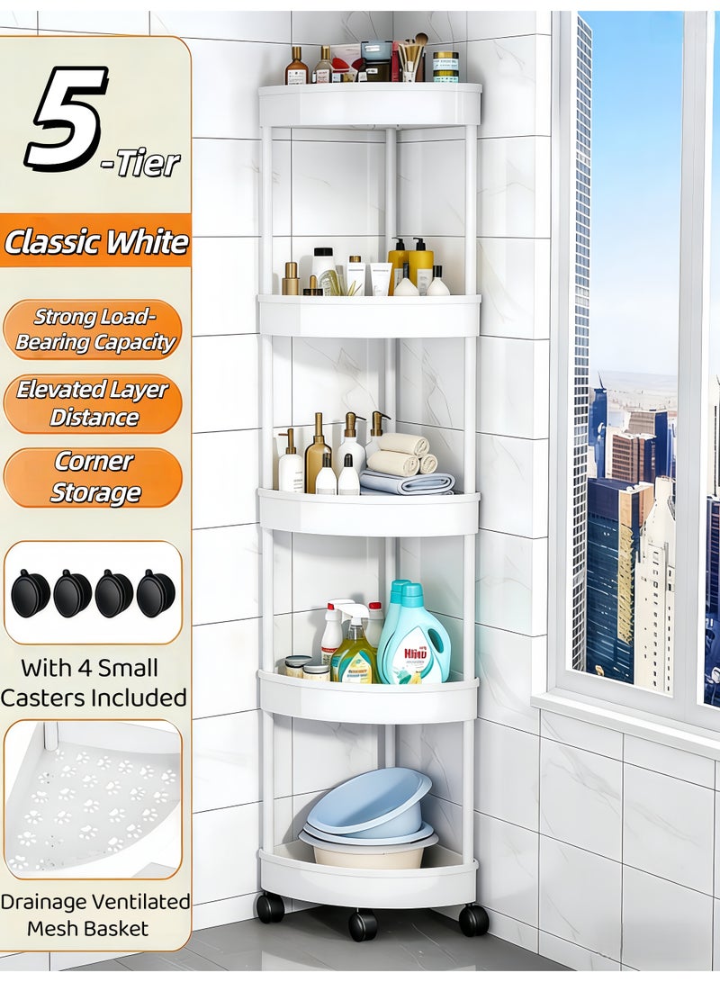 5-Tier Corner Shelf,Corner Shower Caddy Standing with 4 Wheel,5-Tier Storage Cart,Tier Rust Proof Floor Standing Shower Organizer,Triangle Corner Shelf Rack Rolling Trolley,Waterproof Corner Stand Shower Shelf Storage Rack Ideal Multifunctional Storage And Organization Cart,for Bathroom, Kitchen, Balcony & Living Room(White) - Image 1