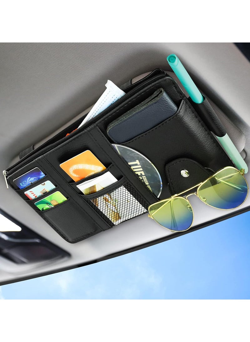 Car Sun Visor Organizer, Leather Pocket Organizer Sunglass Holder for Car Interior Accessories with Multi-Pocket Net Zipper - Image 1