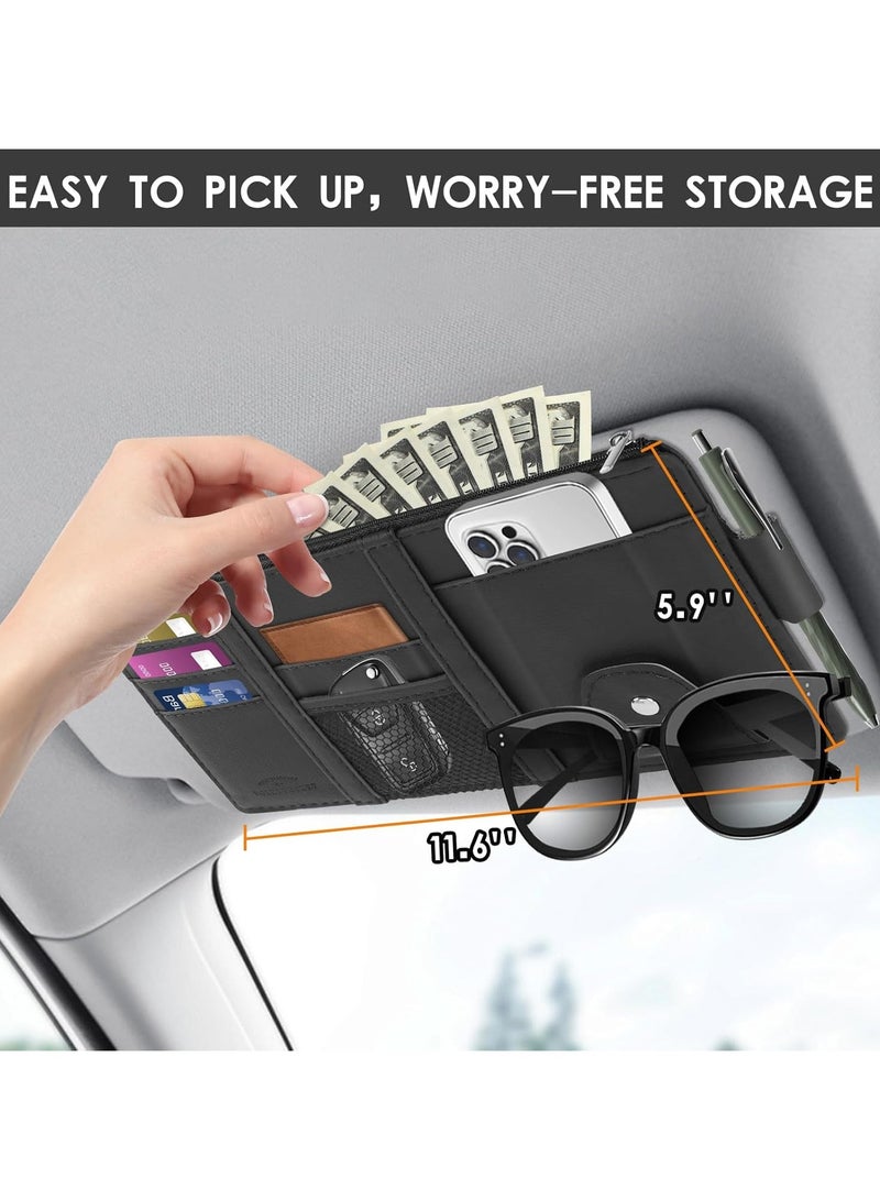Car Sun Visor Organizer, Leather Pocket Organizer Sunglass Holder for Car Interior Accessories with Multi-Pocket Net Zipper - Image 2