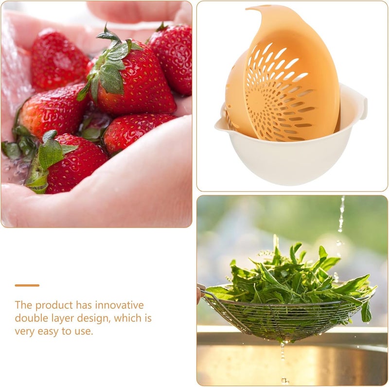 Double Layer Fruit and Vegetable Washing Basket, Small Yellow Fine Strainer Colander with Drain Holes, Kitchen Food Draining Basket for Home Vegetable Washing and Fruit Draining - Image 3
