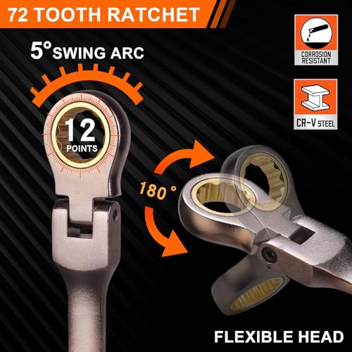 Qnkaa Flexible Ratcheting Wrench Set 12pcs Metric 8-19mm Flex-Head Spanner Gear Ring Ratchet Combination Wrenches Kit with Portable Organizer - Image 3