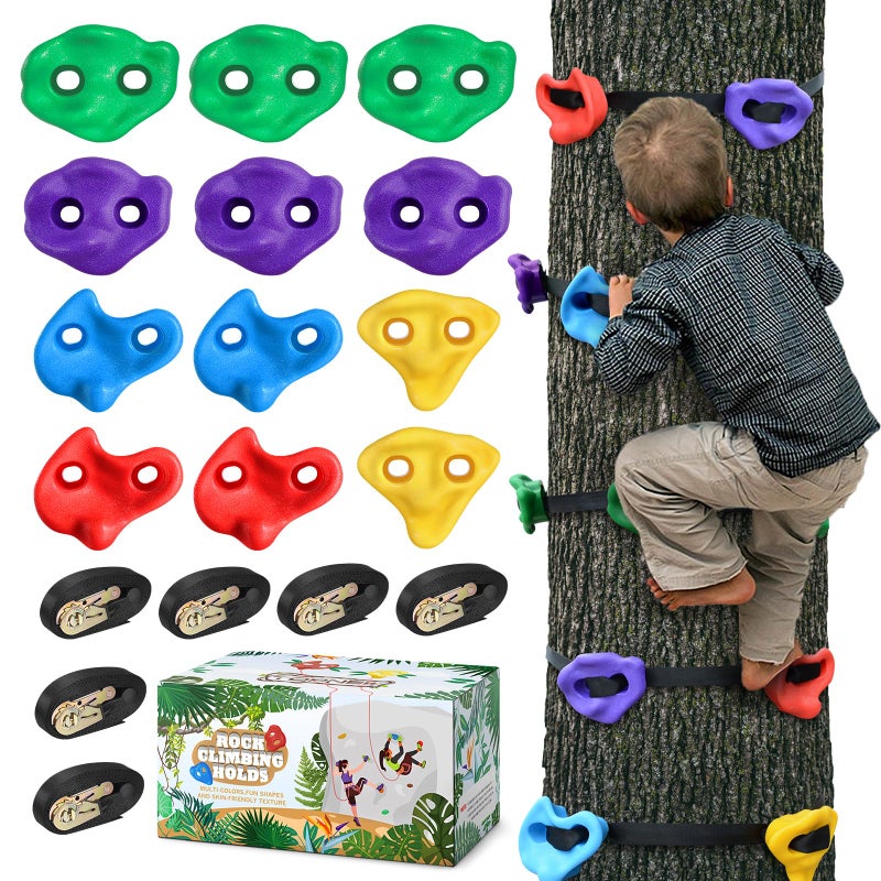 TOPNEW 12 Ninja Tree Climbing Holds for Kids Climber, Adult Climbing Rocks with 6 Ratchet Straps for Outdoor Ninja Warrior Obstacle Course Training - Image 1