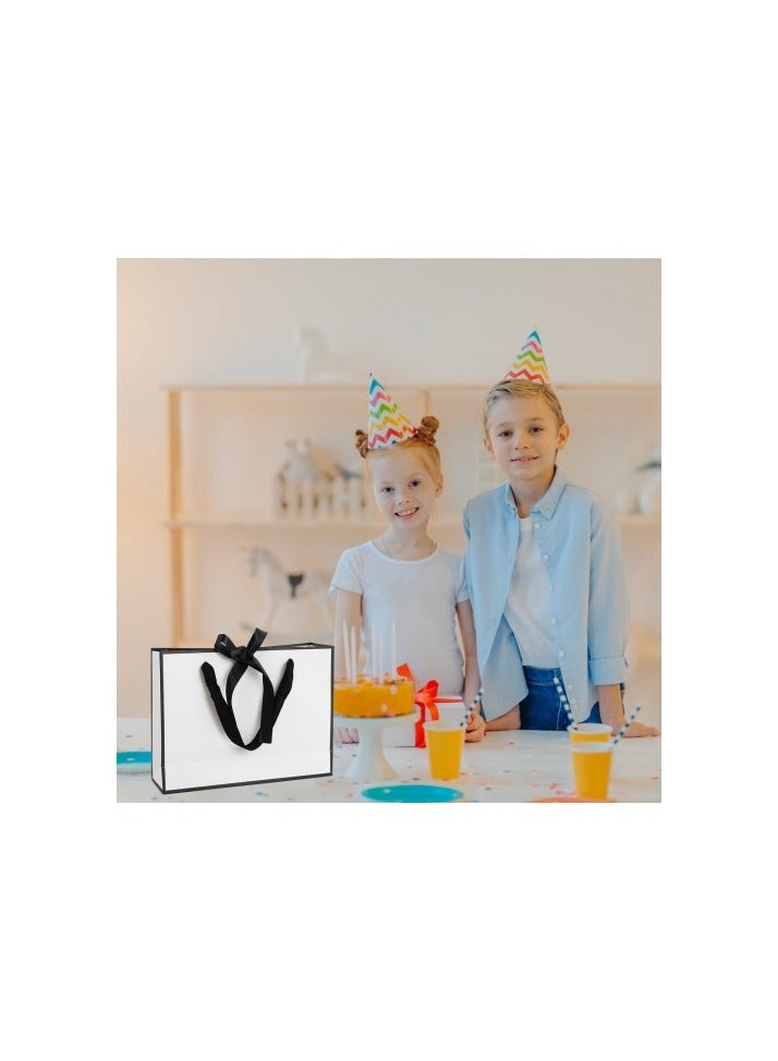 أكياس هدايا ورقية بمقابض، 6 أكياس هدايا متوسطة الحجم، 28 × 21 × 8 سم، أكياس هدايا أنيقة مغلفة بشريط فيونكة، أكياس هدايا مزخرفة لأعياد الميلاد وحفلات الزفاف والحفلات (أسود وأبيض) - Image 5