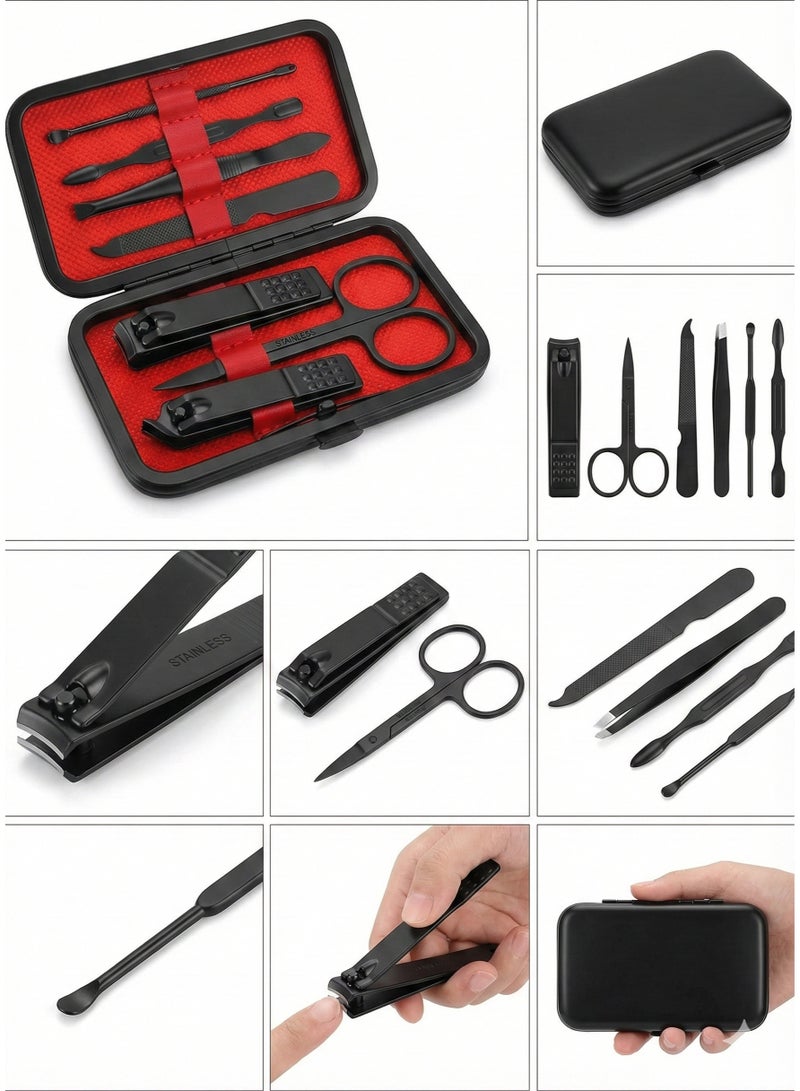 Premium 7-Piece Manicure Set Black Stainless Steel – Professional Pedicure & Grooming Kit with Portable Red Travel Case. Anti-Rust Nail Clippers, Scissors & Tweezers for Men & Women (Matte Black) - Image 1
