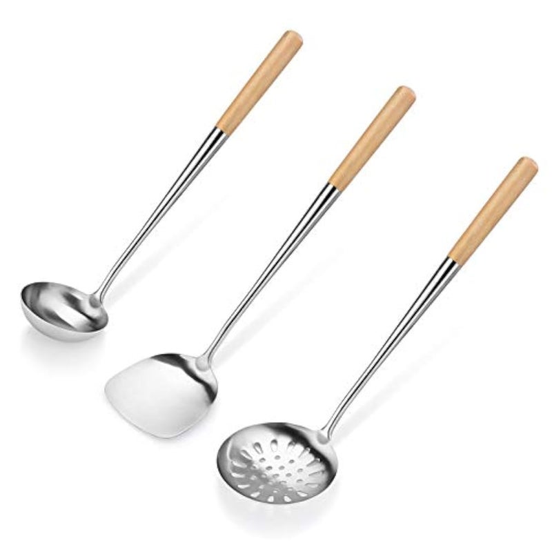 New Star Foodservice New Star Foodservice 1028737 CommercialGrade Stainless Steel Specialty Chinese Wok Utensil Set Spatula Solid and Perforated Ladle 16Inch 17Inch 17Inch Hand Wash Recommended 