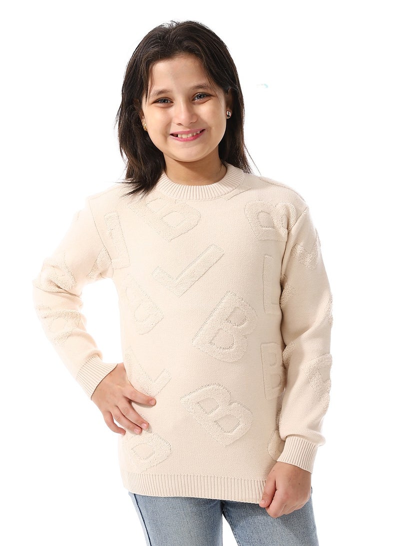 Andora Alphabet Ribbed Trims Round-Neck Pullover_Light Beige - Image 1