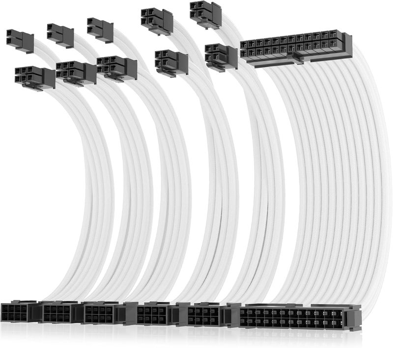 16AWG Pro Power Supply Sleeved Cable, White Power Supply Extension Cable Dual EPS Kit, 1x24-PIN/ 2x8-PORT (4+4) M/B,3x8-PORT (6+2) PCI-E, 30cm Length with 2 Set of Combs - Image 1